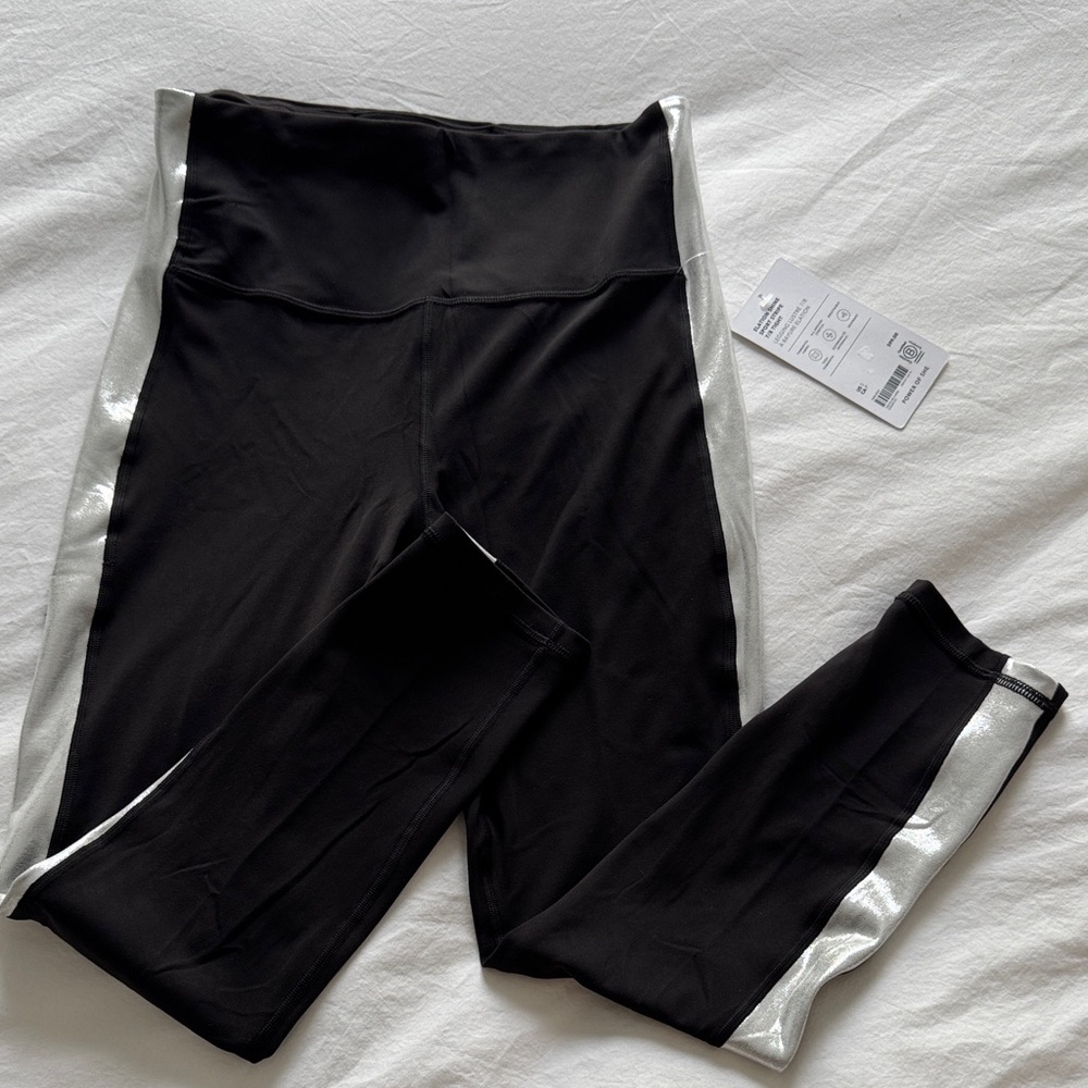 NWT Athleta Black Leggings with Silver Side Stripe